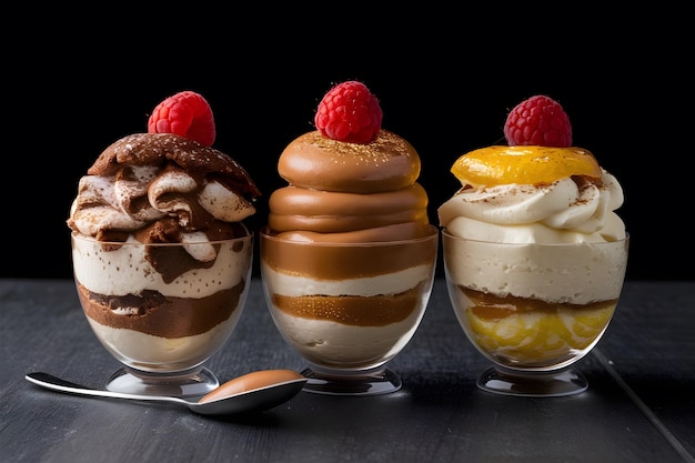 three desserts with one that has the word ice cream on it