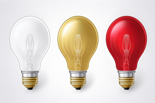 Vector three different colored light bulbs with one that has the word light on it