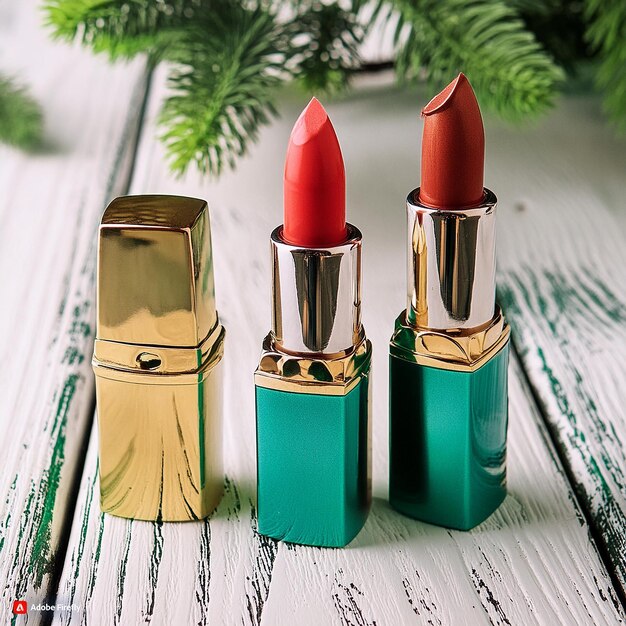 Vector three different colored lipsticks on a wooden table