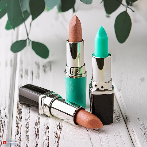 three different colored lipsticks on a wooden table