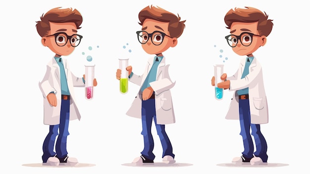 Vector three different images of a boy in glasses with different expressions of a scientist