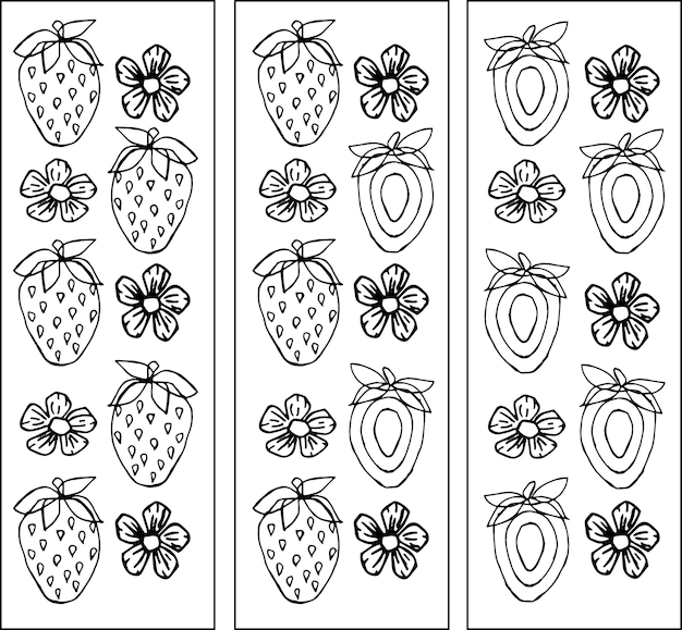 Three different patterns with strawberries and flowers Hand drawn Liner