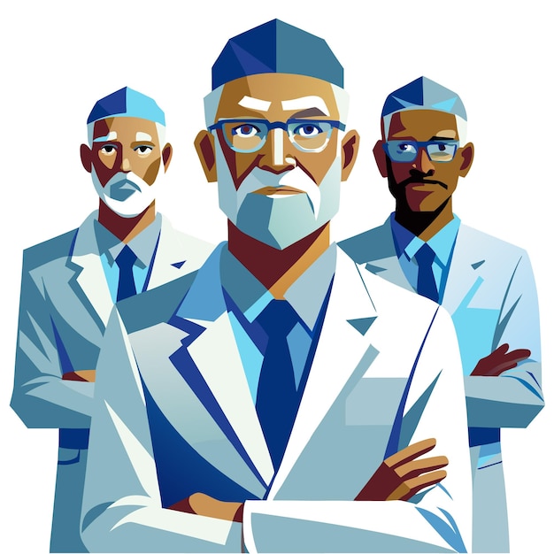 Three diverse men in white lab coats stand with arms crossed demonstrating teamwork and professionalism