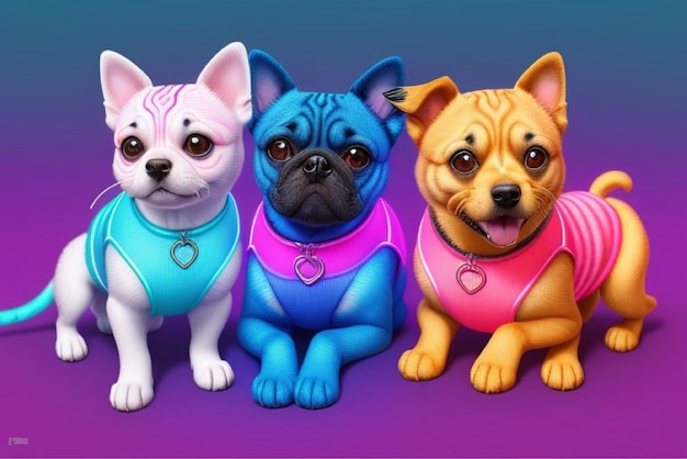 three dogs in colorful outfits sit next to each other