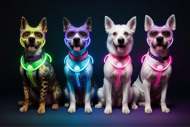 three dogs wearing colorful glasses one of which has a purple collar and the other has a purple band