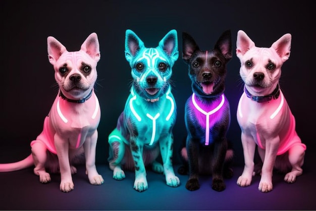 three dogs with glowing lights and one of them has a light on it