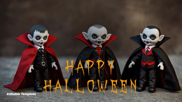 Vector three dolls with a happy halloween on the front