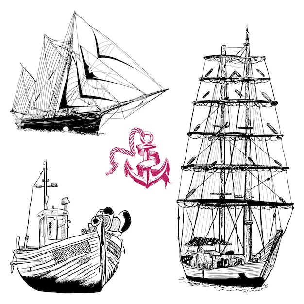 Three drawings of a boat with a pink heart on the bottom.