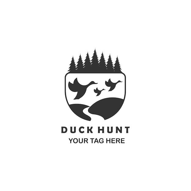 three duck hunt tree logo line art emblem vector template illustration design