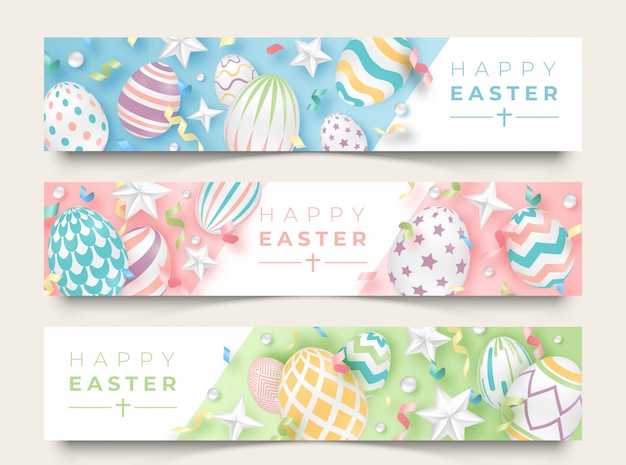 Three Easter horizontal banners with realistic decorated eggs, ribbons, stars and balls. 