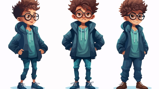 Vector three faces of a boy with glasses and a jacket that sayss why youre a boy