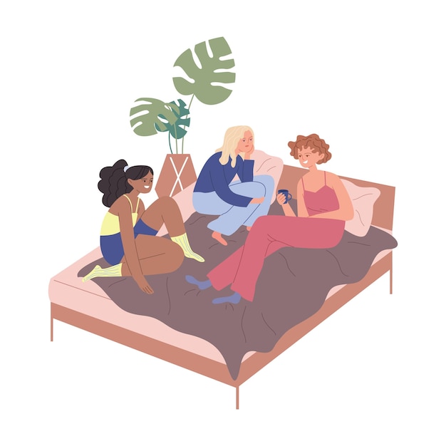 Three female friends chat while sitting in bed Happy women talk and relax in the bedroom Spending time with loved ones Pajama party Vector flat illustration isolated on white background