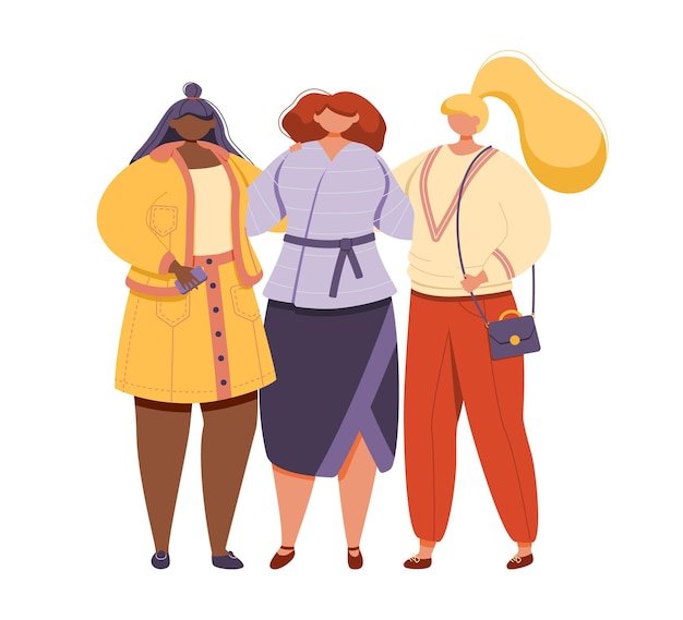 Vector three female friends in modern and fashionable clothes stand and embrace one another close female friendship support and sisterhood