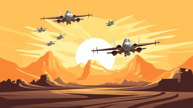 Vector three fighting jets flying over desert illustration