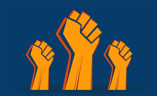 Three Fist male hands, symbol of the Demonstration, revolution. Sign of anger, strength and protest