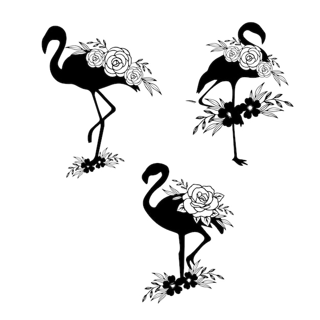 Three flamingos with flowers and roses on them are shown.