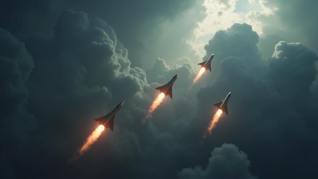 Vector three flying missiles cutting through dark stormy clouds