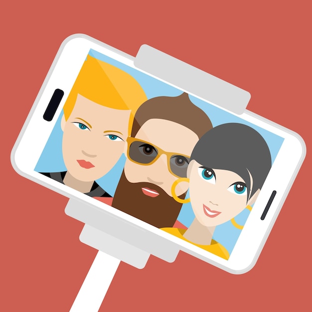 Three friends making summer selfie photo Vector cartoon illustration