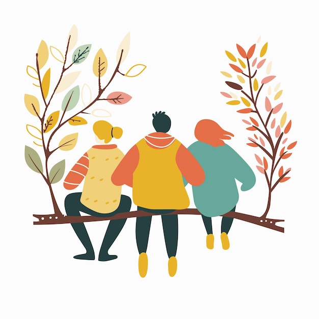 Three friends sitting branch autumn scenery diverse people enjoying nature together serene