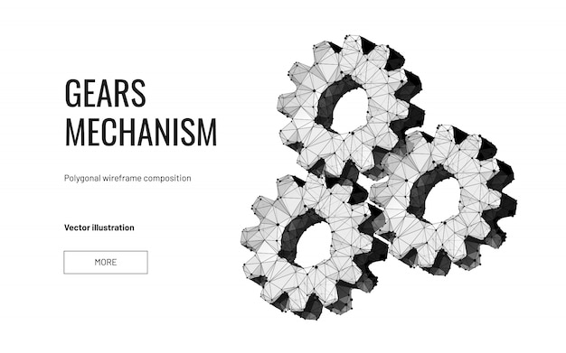 Three gears in polygonal wireframe style