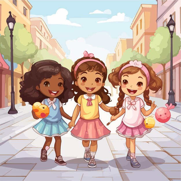 Vector three girls playing at the street fun and friendship illustration