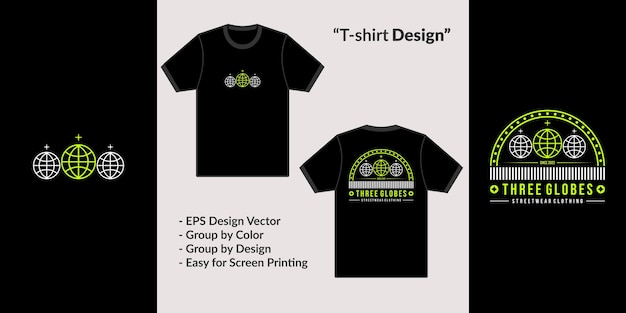 Three globe text design tshirt with green trending streetwear icon element