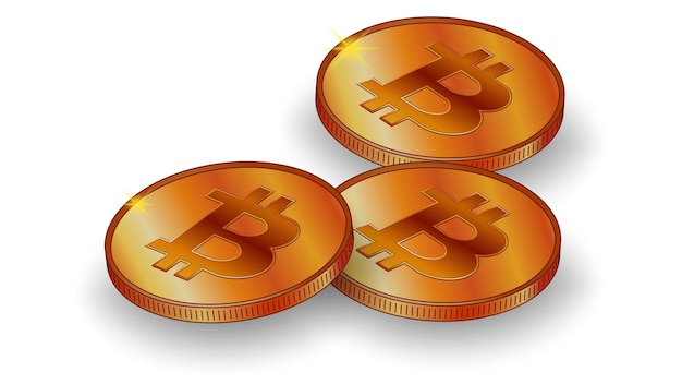 Three gold coins Bitcoin BTC with shadow in isometric view isolated on white background Design element