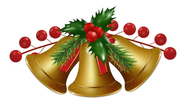 Three golden Christmas bells with holly berries on a white background Happy New Year decoration