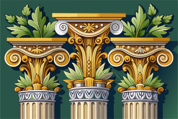 Three golden ionic columns with intricate details and foliage decoration Classical architecture elements