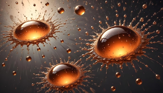 Three golden spheres surrounded by splashing liquid creating a sense of energy and motion against a dark background