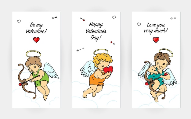 Three greeting cards in one concept with graphic angels flying in the sky