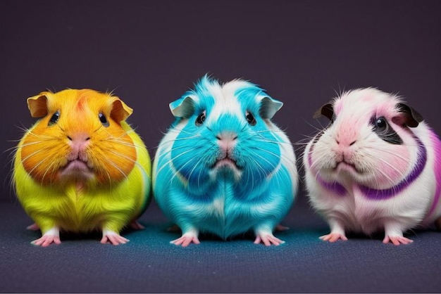 Vector three guinea pig are sitting next to each other and one has a blue pink and white and blue