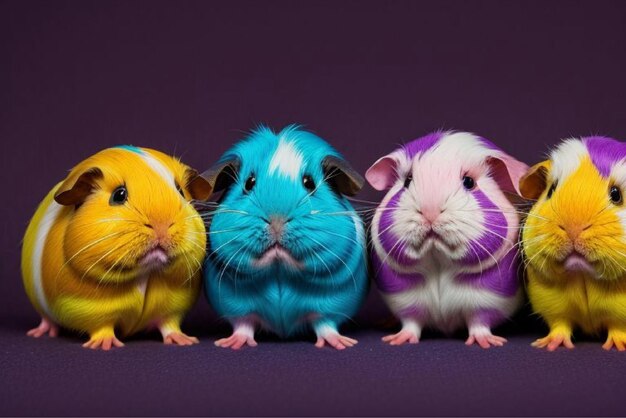 Vector three guinea pigs are lined up in a row one of which is blue purple and the other is a guinea pig