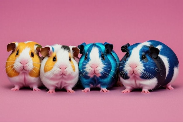 Vector three guinea pigs are lined up in a row one of which is blue white and yellow