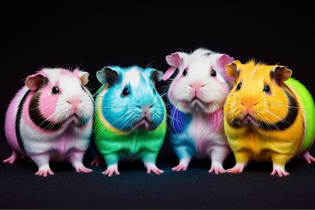 three guinea pigs are lined up in a row one of which is multicolored