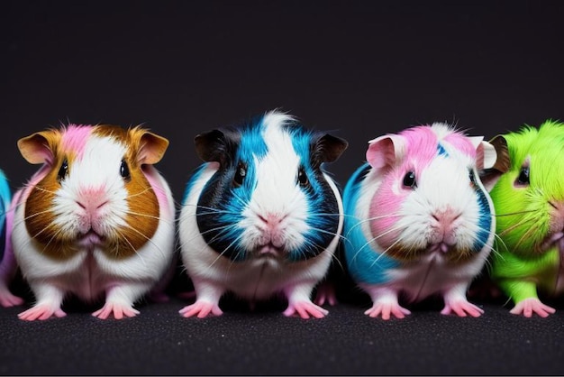 Vector three guinea pigs are lined up with one of them has a blue and white stripe on their face