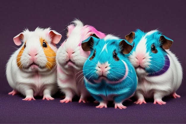 Vector three guinea pigs are lined up with one of them has a pink and blue one