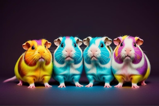 Vector three guinea pigs are lined up with one of them has a pink blue and yellow and green and purple and