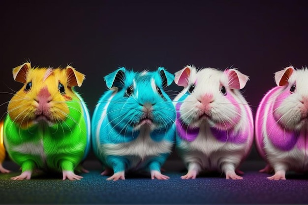 three guinea pigs are sitting together one of which is blue pink and green