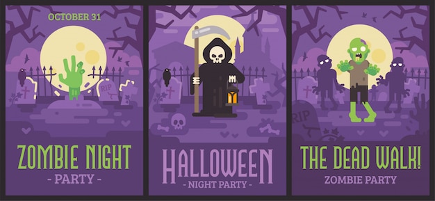 Three Halloween posters with graveyard scenes