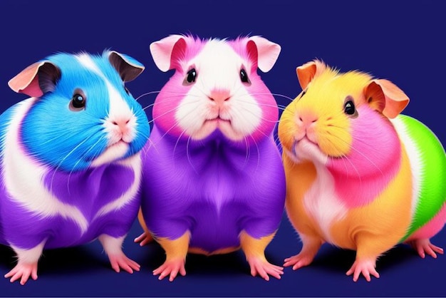 Vector three hamsters are on a blue background with one of them wearing a purple and pink sweater