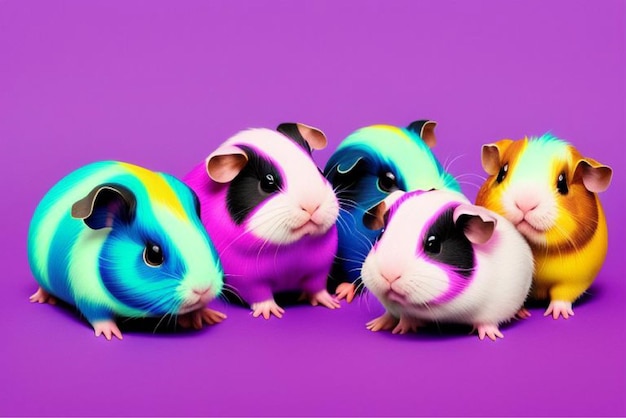 three hamsters are lined up in a row one of which has a rainbow colored bunnies on the front