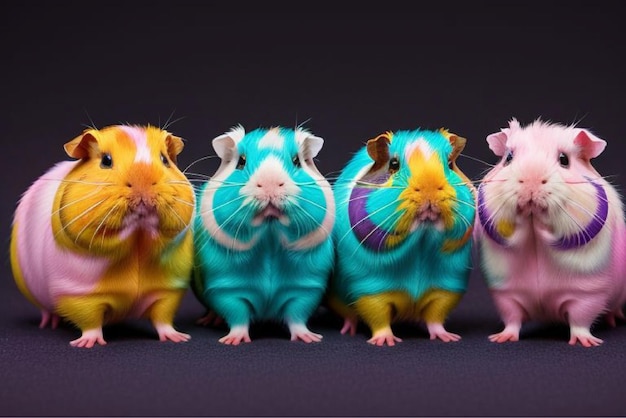 Vector three hamsters are lined up in a row one of which is a multicolored hamster