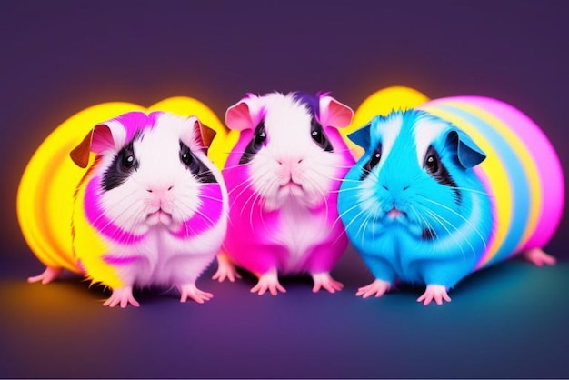 Vector three hamsters are lined up in a row one of which is purple and the other is a rat