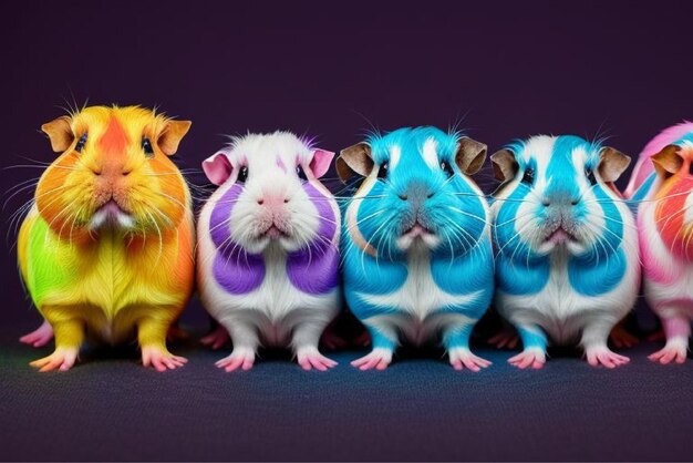 Vector three hamsters are lined up with one of them wearing a purple and white shirt