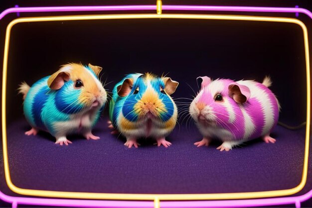 Vector three hamsters are in a purple frame with one of them has a blue purple and green purple and white a