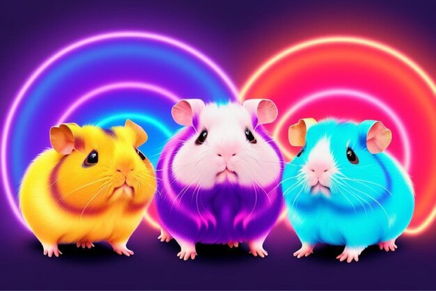 Vector three hamsters are sitting in front of a rainbow colored background