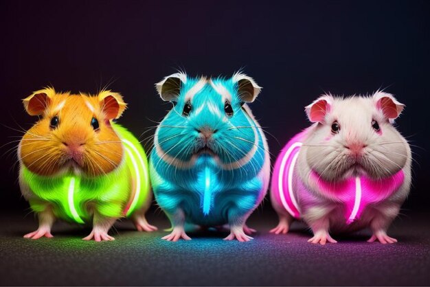 Vector three hamsters are sitting together one of which is blue the other is a light blue and the other is