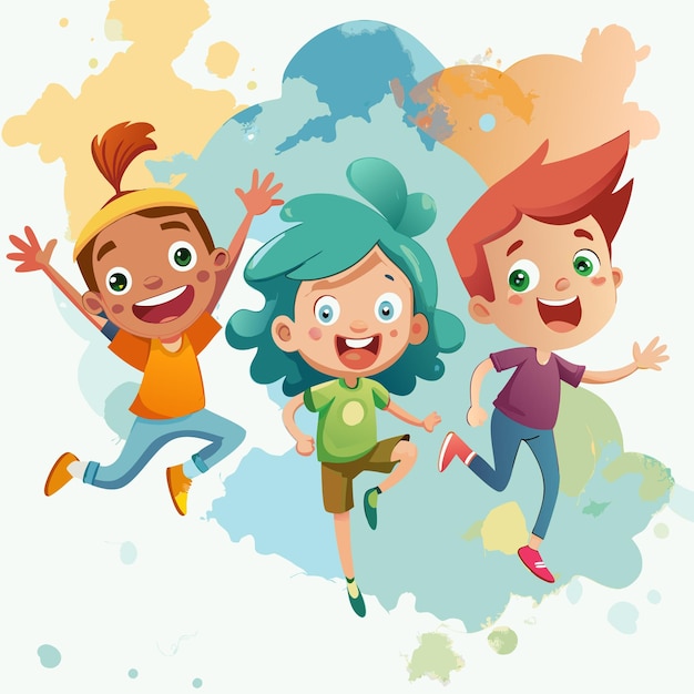 Three happy cartoon children are jumping in the air against a background of colorful paint splatters