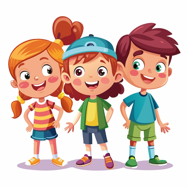 Vector three happy cartoon children standing together